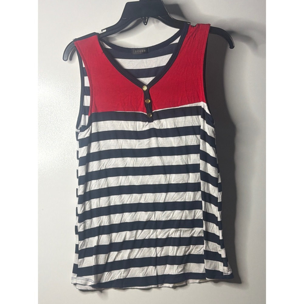 Scobe Womens Striped Henley Tank Top Red White Navy Nautical Style Large